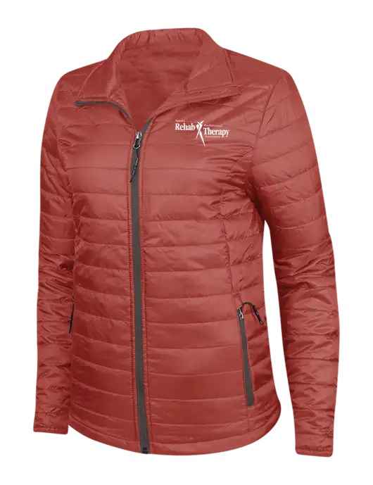 Dark Red Womens Puffy Packable Jacket w/Sports Rehab Logo