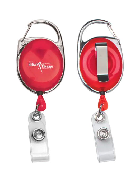 Red Carabiner Style Badge Reel and Badge Holder w/Sports Rehab Logo
