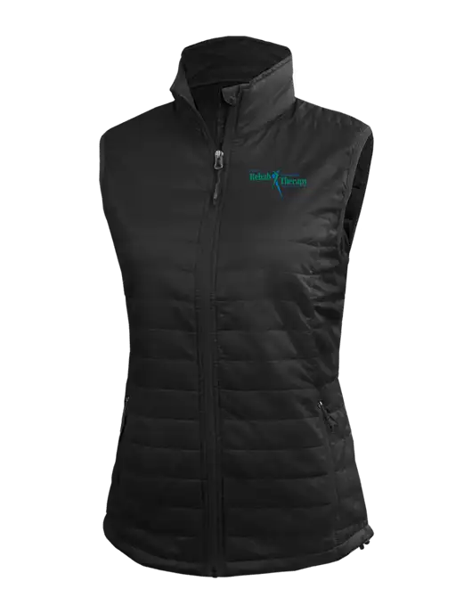 Womens Packable Black Puffy Vest w/Sports Rehab Logo