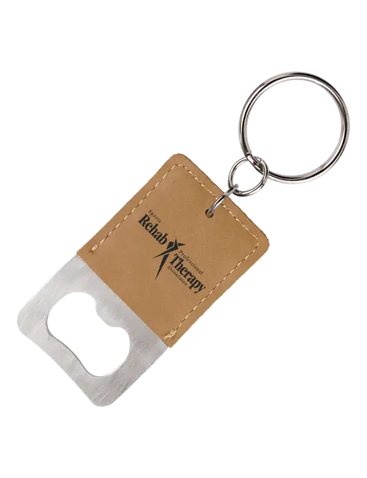 Tan Leatherette Rectangle Bottle Opener Keychain w/Sports Rehab Logo