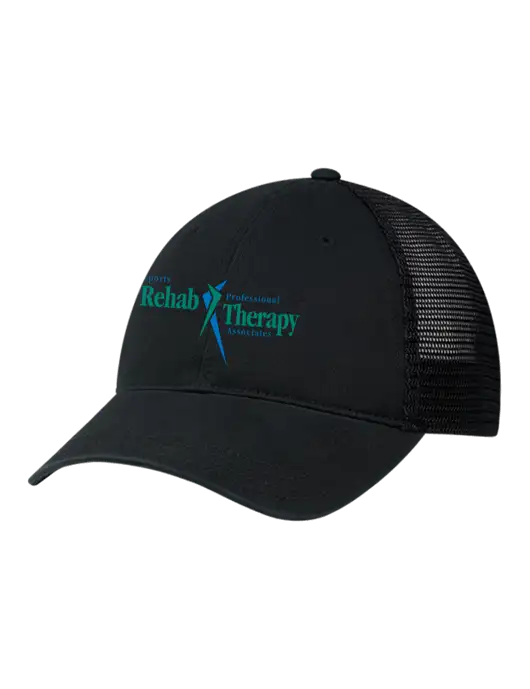 Richardson 111 Garment Washed Trucker Cap Black w/Black Mesh w/Sports Rehab Logo