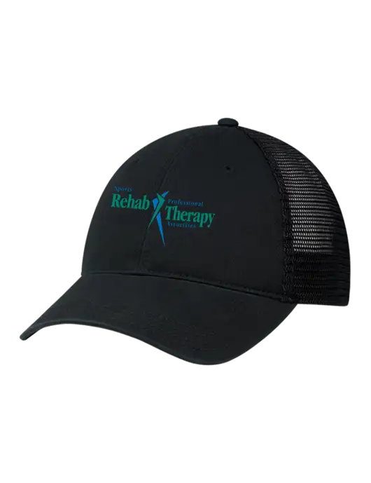 Richardson 111 Garment Washed Trucker Cap Black w/Black Mesh w/Sports Rehab Logo