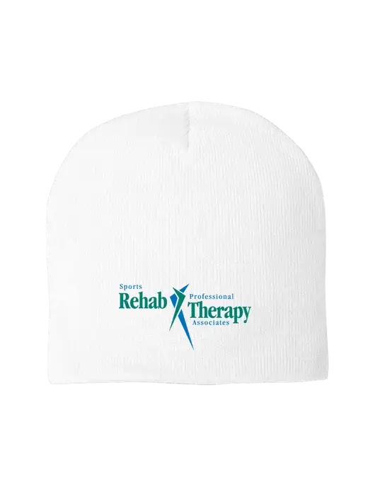 Solid White Element Knit Beanie w/Sports Rehab Logo