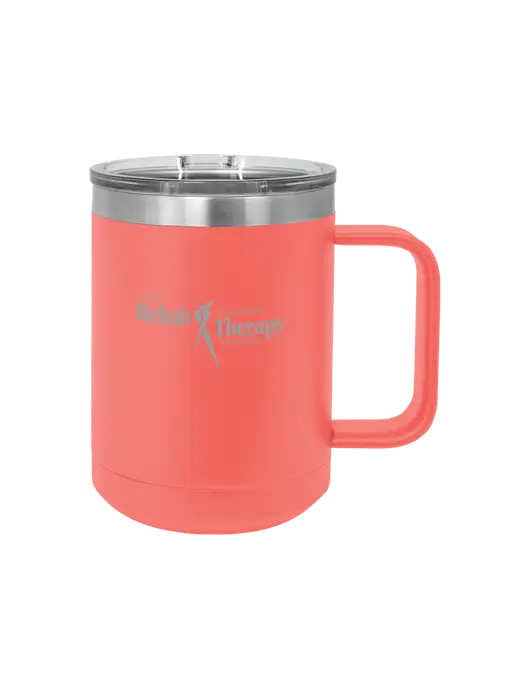 Polar Camel 15 oz Powder Coated Coral Vacuum Insulated Mug with Slider Lid w/Sports Rehab Logo