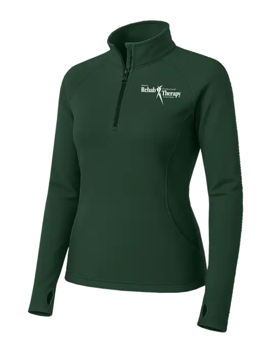 Dark Green Womens Sport Wick Stretch 1/4 Zip Pullover w/Sports Rehab Logo