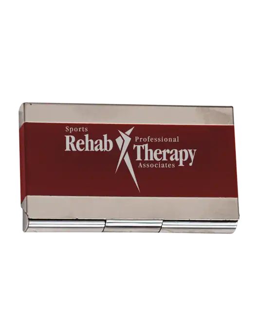 Red 3.75 x 2.5 Business Card Holder w/Sports Rehab Logo