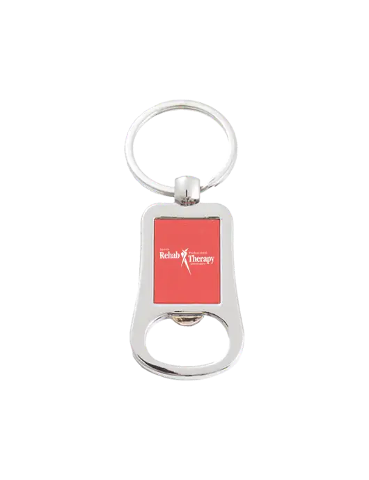 Silver & Red Bottle Opener Keychain w/Sports Rehab Logo