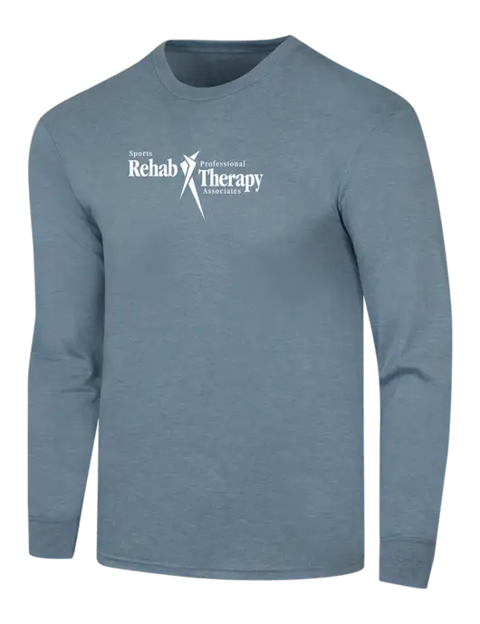 Simply Soft Long Sleeve Slate Blue Heather 4.5 oz, Poly/Combed Ring Spun Cotton T-Shirt w/Sports Rehab Logo