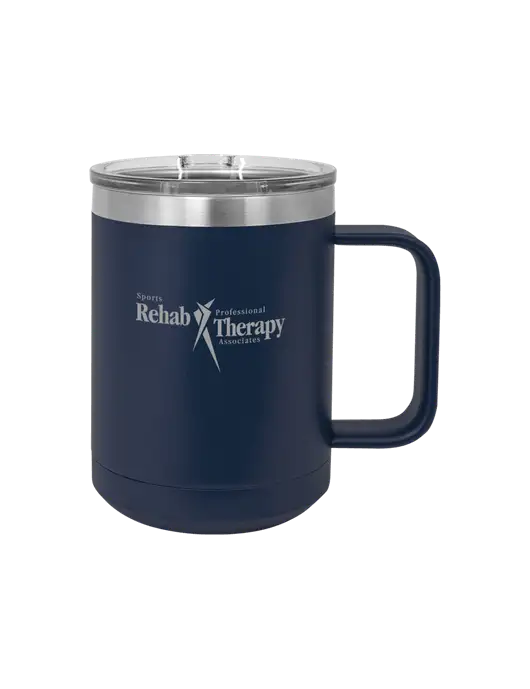 Polar Camel 15 oz Powder Coated Navy Vacuum Insulated Mug with Slider Lid w/Sports Rehab Logo