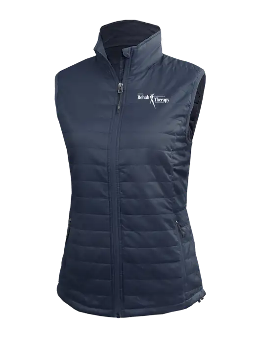 Womens Packable Navy Puffy Vest w/Sports Rehab Logo