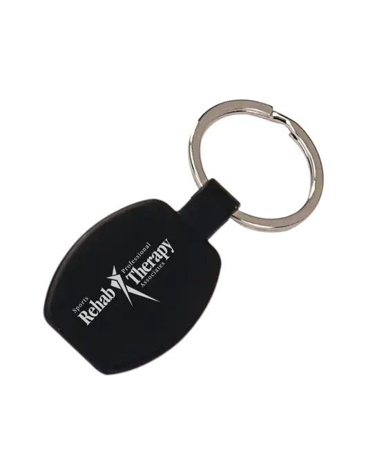 Black Laserable Rounded Rectangle Keychain w/Sports Rehab Logo