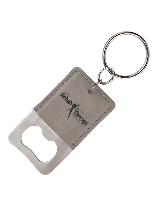 Grey Leatherette Rectangle Bottle Opener Keychain w/Sports Rehab Logo