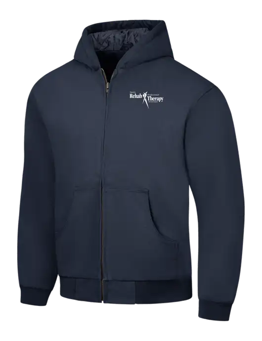 CornerStone Navy Duck Cloth Hooded Work Jacket w/Sports Rehab Logo
