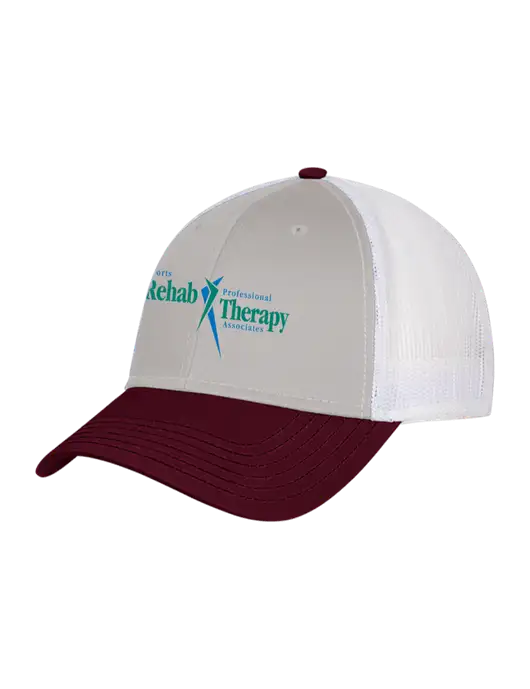 Maroon/Heather Grey/White Mesh Trucker Cap Snap Back w/Sports Rehab Logo