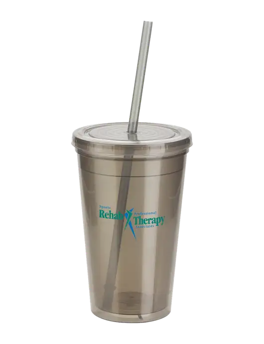 Sorrento Medium Grey 16 oz Tumbler with Lid & Straw w/Sports Rehab Logo
