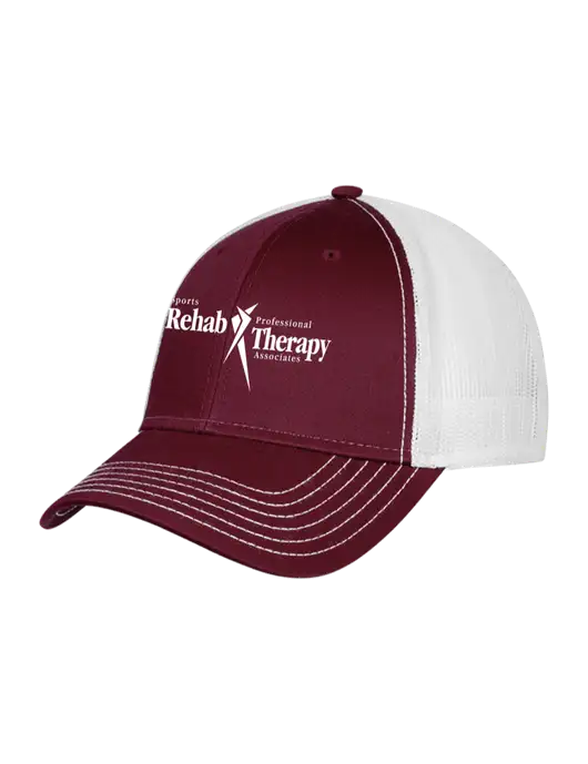 Maroon/Maroon/White Mesh Trucker Cap Snap Back w/Sports Rehab Logo