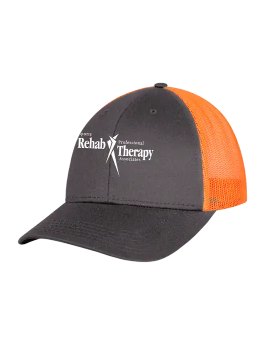 Neon Orange/Charcoal Mesh Trucker Cap Snap Back w/Sports Rehab Logo