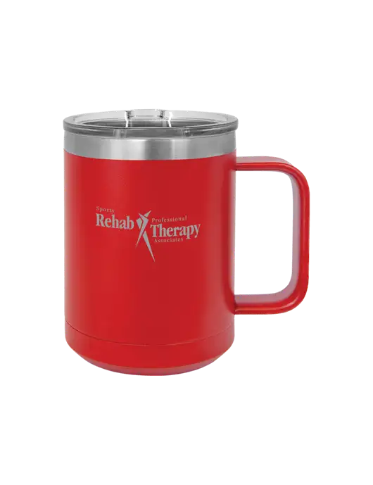 Polar Camel 15 oz Powder Coated Red Vacuum Insulated Mug with Slider Lid w/Sports Rehab Logo