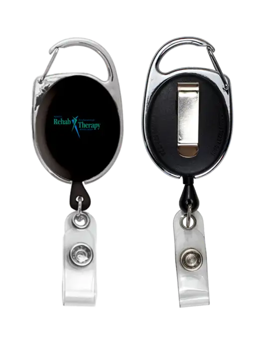 Black Carabiner Style Badge Reel and Badge Holder w/Sports Rehab Logo