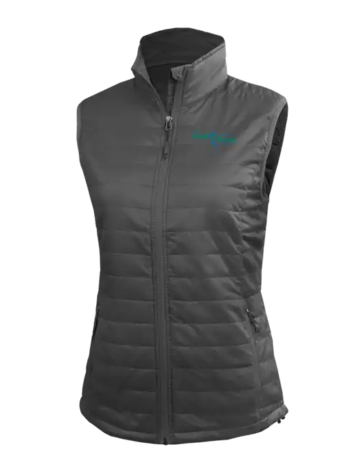 Womens Packable Dark Grey Puffy Vest w/Sports Rehab Logo