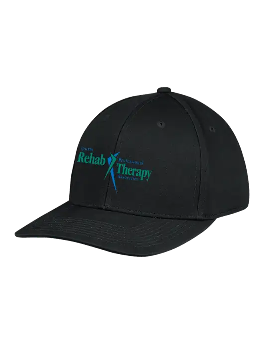 Premium Modern Structured Twill Black Snapback Cap w/Sports Rehab Logo