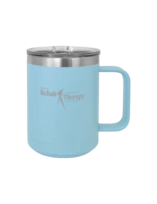 Polar Camel 15 oz Powder Coated Light Blue Vacuum Insulated Mug with Slider Lid w/Sports Rehab Logo