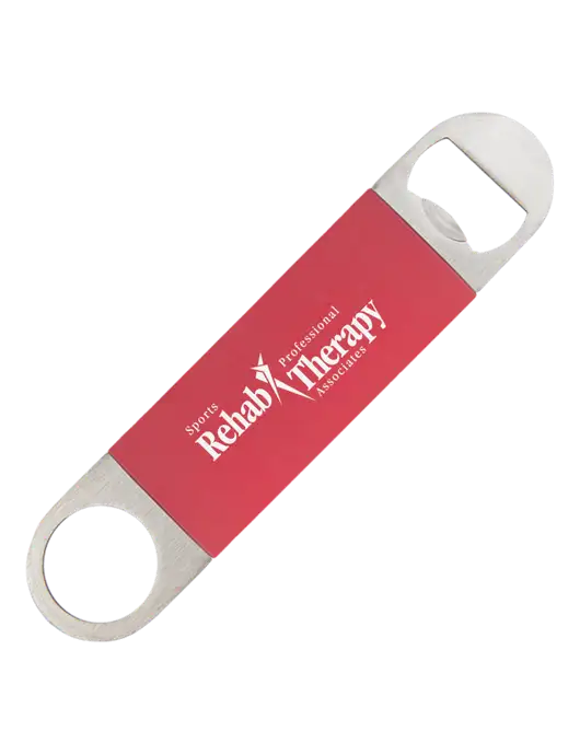 Red Bottle Opener with Silicone Grip w/Sports Rehab Logo