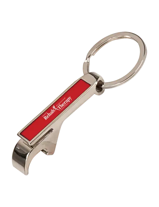 Red Bottle Opener Keychain w/Sports Rehab Logo