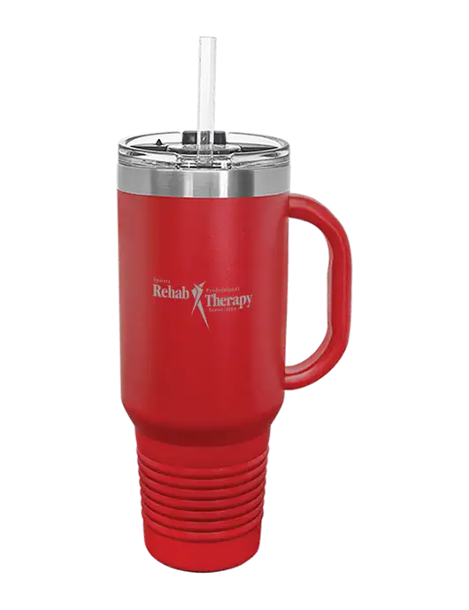 Polar Camel 40 oz. Powder Coated Vacuum Insulated Red Travel Mug with Straw w/Sports Rehab Logo
