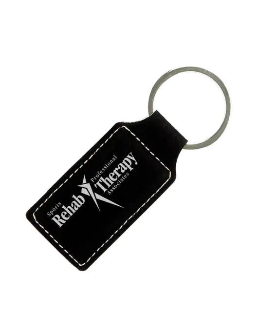 Black Laserable Leatherette Rectangle Keychain w/Sports Rehab Logo