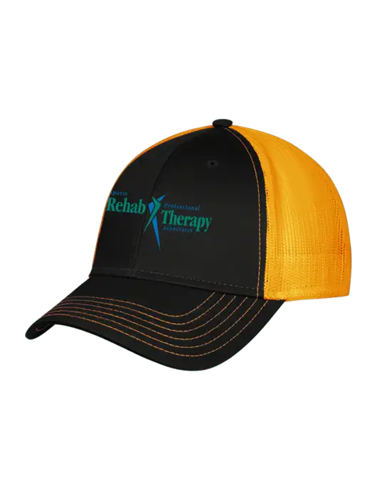 Black/Black/Gold Mesh Gold Stitching on Bill Trucker Cap Snap Back

 w/Sports Rehab Logo