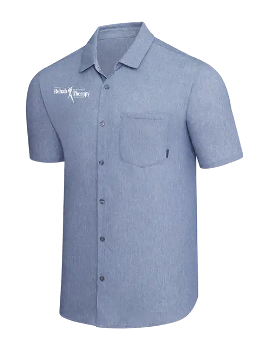 OGIO Slate Blue Heather Extend Short Sleeve Button Up Shirt w/Sports Rehab Logo