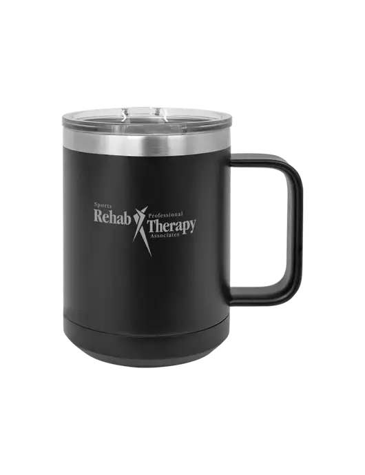 Polar Camel 15 oz Powder Coated Black Vacuum Insulated Mug with Slider Lid w/Sports Rehab Logo