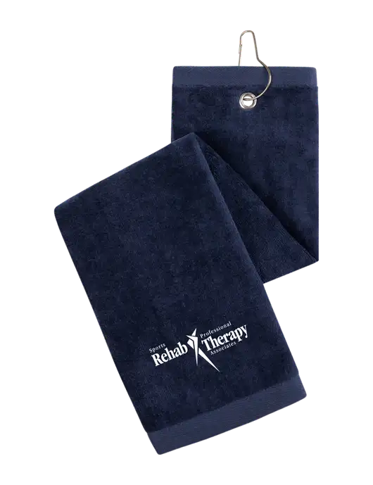 Navy Tri-Fold Golf Towel with Grommet w/Sports Rehab Logo