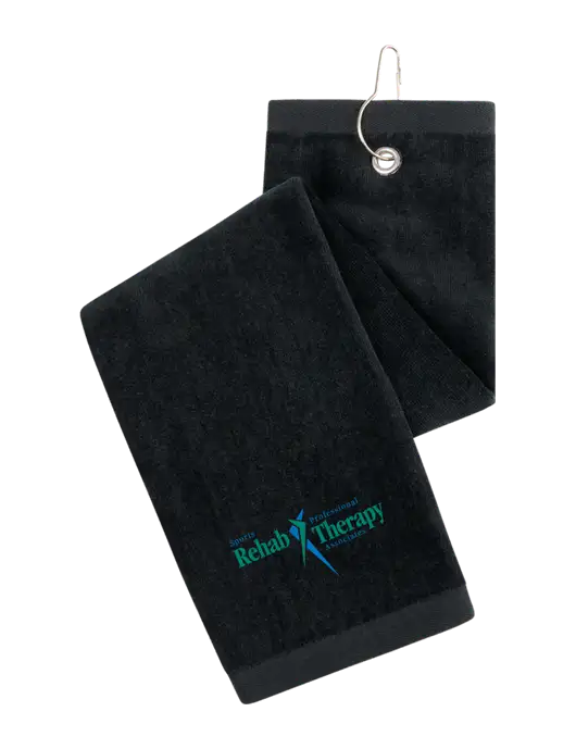 Black Tri-Fold Golf Towel with Grommet w/Sports Rehab Logo