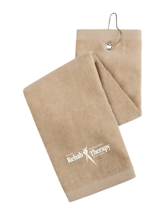 Khaki Tri-Fold Golf Towel with Grommet w/Sports Rehab Logo