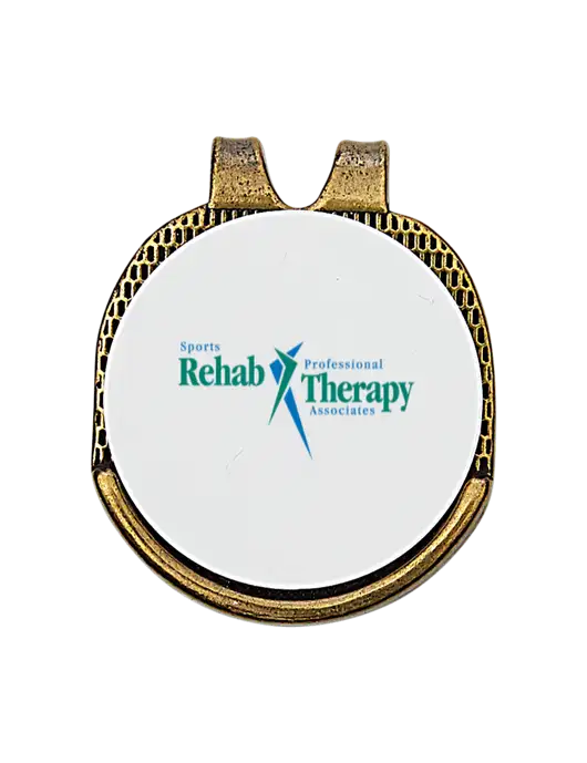 Antique Gold Hat Clip w/Golf Ball Marker w/Sports Rehab Logo