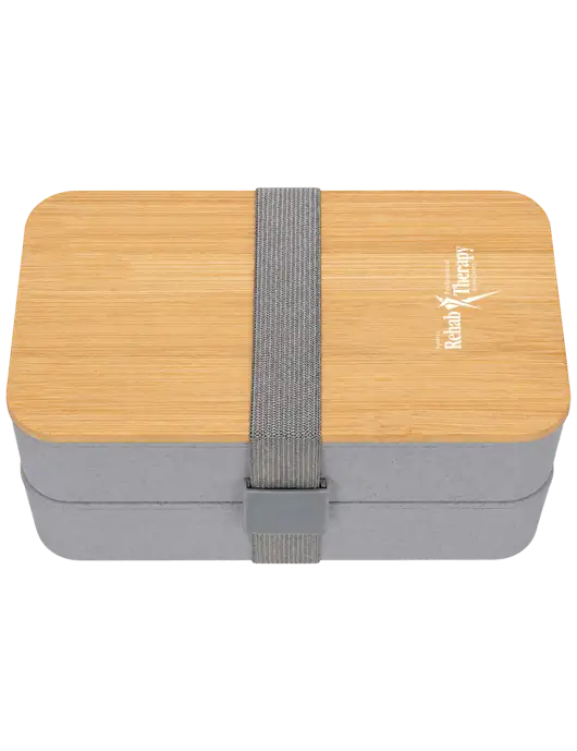 Double Decker Light Medium Grey Lunch Box w/Eco-Friendly FSC Bamboo Lid & Reusable Utensils w/Sports Rehab Logo
