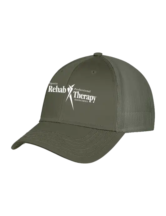 Olive Green Mesh Trucker Cap Snap Back w/Sports Rehab Logo