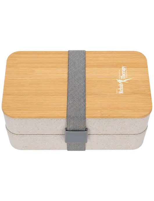 Double Decker Natural Ivory Lunch Box w/Eco-Friendly FSC Bamboo Lid & Reusable Utensils w/Sports Rehab Logo