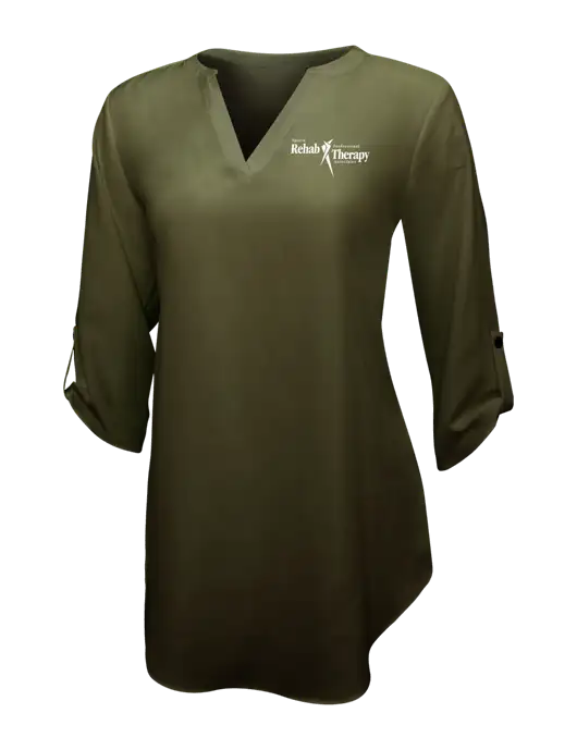 Womens Dark Olive 3/4 Sleeve Tunic Blouse w/Sports Rehab Logo