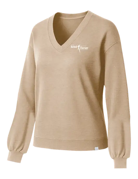 TravisMathew Womens Long Weekend Tan Heather V-Neck
 w/Sports Rehab Logo