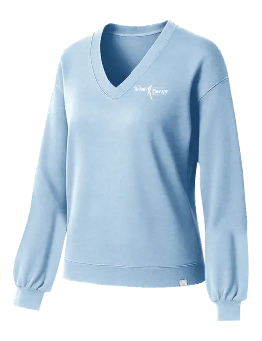 TravisMathew Womens Long Weekend Light Blue Heather V-Neck
 w/Sports Rehab Logo
