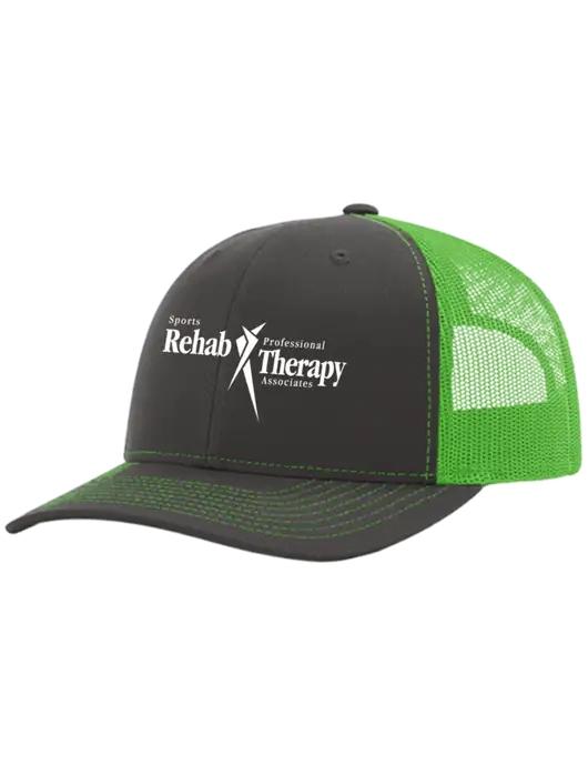 Richardson Adjustable Snapback Original 112 Trucker Cap Charcoal Grey w/Neon Green Mesh w/Sports Rehab Logo