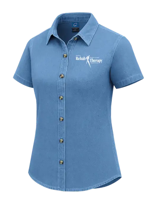 Womens Short Sleeve Light Blue Denim Shirt w/Sports Rehab Logo