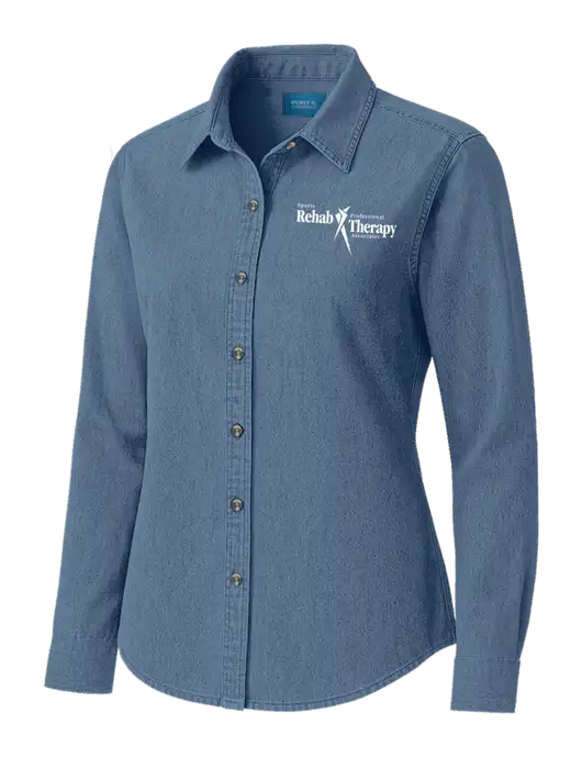 Womens Long Sleeve Light Blue Denim Shirt
 w/Sports Rehab Logo