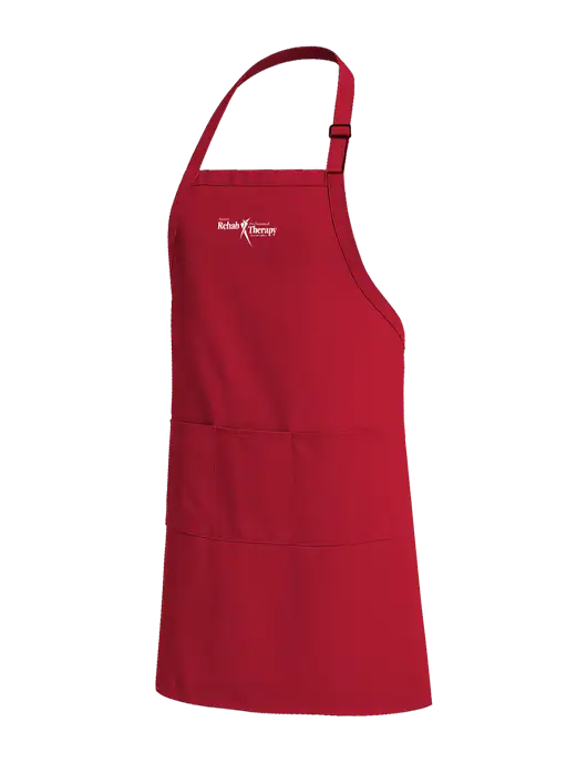 Easy Care Extra Long Bib Red Apron with Stain Release w/Sports Rehab Logo