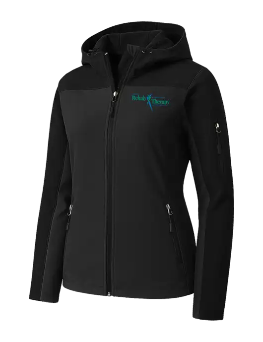 Womens Hooded Core Black Soft Shell Jacket w/Sports Rehab Logo