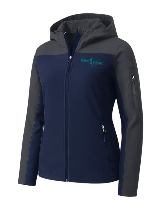 Womens Hooded Core Navy/Dark Grey Soft Shell Jacket w/Sports Rehab Logo