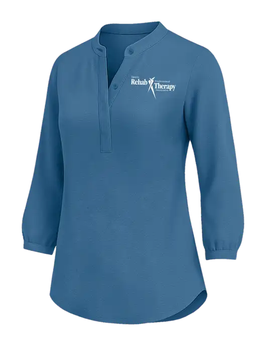 Womens Three Quarter-Sleeve Textured Light Navy Crepe Tunic w/Sports Rehab Logo